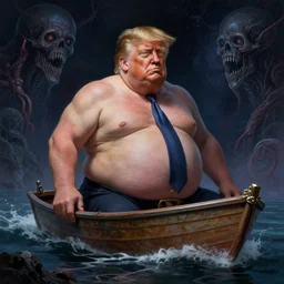 extremely fat donald trump squeezed into a tiny boat, cosmic horror, elegant intricate digital painting artstation concept art by mark brooks and brad kunkle extreme detailed