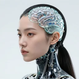 headshot of a female android, bionic brain made of glass