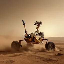 A photo of Curiosity failing its landing on Mars, due to a sandstorm, at sunset