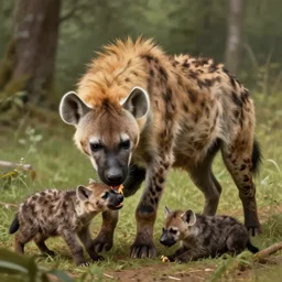 photo of a humanoid hyena feeds hyena puppies in the forest, highly detailed, digital painting, artstation, smooth, sharp focus, illustration, art by artgerm and greg rutkowski and alphonse mucha