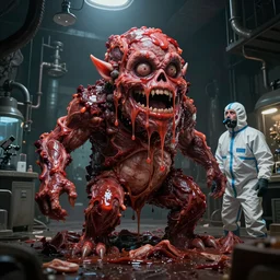 drippy meat monster grows out of control in a creepy underground lab, man in a hazmat suit looks on helplessly