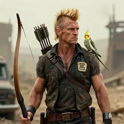 Blonde Rambo with a fohawk in a post apocalyptic future with a cockatiel on his shoulder, a bow in his hand, wearing a full quiver of arrows on his back and a pin on his chest that says Birds are Real Mother Trucker, hd, realistic