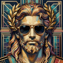 synthwave outrun art - deco poseidon wearing sunglasses and a laurel wreath | highly detailed | very intricate | symmetrical | cinematic lighting | award - winning | closeup portrait | 8 0 s nostalgia | painted by donato giancola and mandy jurgens and charlie bowater | featured on artstation