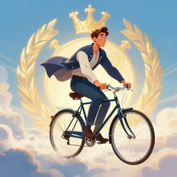 centered detailed full body character concept of a happy man flying in the sky on his bicycle in the clouds, realistic character concept, vibrant colours, elegant pose, fantasy, illustration, slender symmetrical face and body, artstation, cinematic lighting, hyperdetailed, cgsociety, 8k Resolution, high resolution, Charlie Bowater, Tom Bagshaw, Tom Richmond, insanely detailed and intricate, beautiful, elegant, golden ratio, royal insignia in background