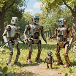 steampunk robots enjoying themselves at a park, sunny, beautiful, by otto dix and greg rutkowski