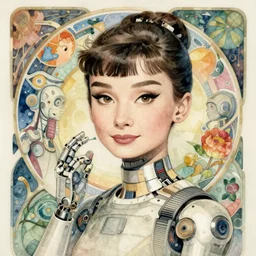 korean audrey hepburn automata, intricate watercolor cyberpunk solarpunk portrait by alphonse mucha