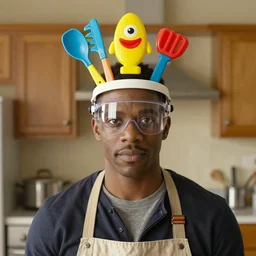 jordan peele as geordi laforge wearing visor and kitchen tools and kids'toys on his head, single image