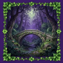 purple green colors, book cover!!!!!!!!!!!!, old bridge, ivy leaves graphic vectors at each border, fantasy forest landscape, fantasy magic, light night, intricate, elegant, sharp focus, illustration, highly detailed, digital painting, concept art, matte, art by wlop and artgerm and ivan shishkin and andrey shishkin, masterpiece