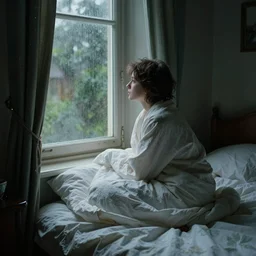 on a rainy day, someone in home sits in bed, curled up under the covers, looking out the window, cinematic, artstation, extremely detailed, intricate, cinematic lighting, art by pierre - auguste renoir