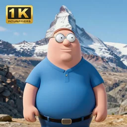 peter griffin in front of the matterhorn. professional portrait photo, sharp focus, 8 k.