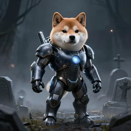 power armor, anthropomorphic shiba inu, shiba inu face, stuning 3 d render, masterpiece, glowing black aura, foggy dark graveyard, by donato giancola and greg rutkowski and wayne barlow and zdzisław beksinski, realistic face