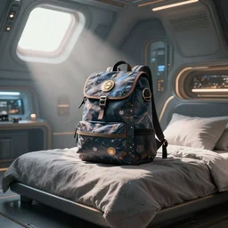 a magical backpack on top of the bed in a futuristic room by krenz cushart, fantasy, dramatic light