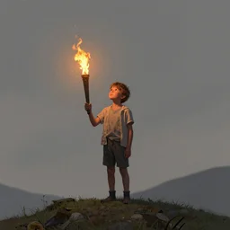 concept art, the kid holding a torch standing alone at hill looking forward and hope, fine detail, trending on artstation, by sylvain sarrailh