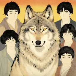 a half upper body portrait of an ultra realistic wolf by shin hanga and kawanabe kyosai and katsuhiro otomo. ukiyo - e shohei otomo and satoshi kon, and greg rutkowski weta studio and lucasfilm, woodblock print, coherent, behance, global illumination, golden ratio, flat colors, thick black outlined,