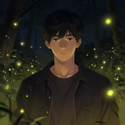 man portrait surrounded by fireflies, artstation
