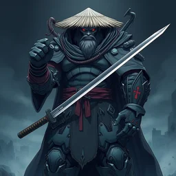 a cyberpunk giant, menacing, holding a katana, wearing a cloak, rice hat, full body view, front shot, anime art, highly detailed