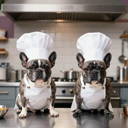 a 8k highly detailed still photo by David Bailey of Two blue merle French Bulldogs in chef hats and aprons starring on a cooking show, a high end kitchen in the background