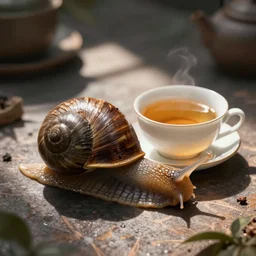 a sleepy snail drinks a cup of tea