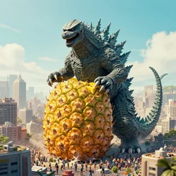 horrific realistic!! kaijuu monster pineapple destroying a city full of people like godzilla with fangs and a snake tongue, by jack kirby very big, vibrant colors, red glowing eyes, concept art, detailed, high contrast, rim light, back lit, sharp focus, illustration, powerful, attacking a city unreal render