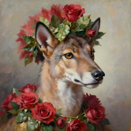 lynx wearing Caesar's crown of leaves made out of roses, an expressive oil painting, high quality art,