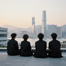 a small rooftop with a couple of people sitting and watching the view, wearing black modern clothes, designed by rick owens, messy short hair, modern hong kong is on the background, sunset, pale colors, by gregory crewdson
