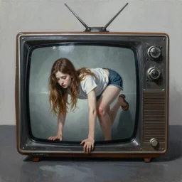 a striking hyper real painting of a girl climbing out of a grainy TV, dark, metal, occult, by Edward Hughes