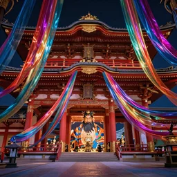 volumetric lighting, flowing shimmering brilliant colourful fabrics, emerging sounds and an ancient male bearded face , inside a huge traditional Japanese Royal ornate temple , full colour , upscale , 4k