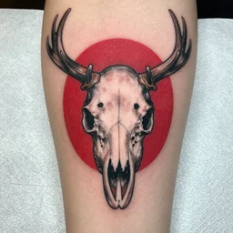tattoo of a wendigo with an elk skull slightly spooky, red, white, and black ink, hyperdetailed, realistic