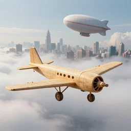 a homemade plane in the foreground and in the background a flying city fussed with a blimp in the sky over the clouds, in the bottom there a lot of fog