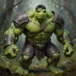 macro medium shot, rugged anthropomorphic muscular!!!!!!!!! oversized!!!!!!!! hulked!!!! frog as oversized green armored barbarian armored hunter wearing war sci - fi armor in deep forest, foggy, oil painting by rembrandt by greg rutkowski by frazetta by rembrandt by louie travis