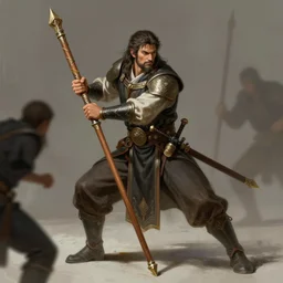 a master a wooden quarterstaff in a defensive stance. cornered by enemies. intricate, elegant, highly detailed, digital painting, artstation, concept art, sharp focus, illustration, by justin gerard and artgerm, 8 k