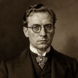 majestic sepia portrait of a 1 9 2 5 man with receding hair, light brown eyes, thick glasses, well dressed, wearing an art deco brooch on his left lapel, dark, brooding, atmospheric lighting, painted, sepia, intricate, ultra - detailed atmospheric lighting, painted, menacing, intricate, volumetric lighting, beautiful, rich deep colours masterpiece, golden hour, sharp focus, ultra detailed, by leesha hannigan, ross tran, thierry doizon, kai carpenter, ignacio fernandez rios