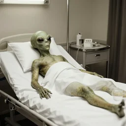 an alien in a hospital bed. 1940s photograph.