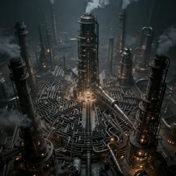 futuristic dystopian endless, intricate, complex, labyrinthine, byzantine, tangled, industrial megafactory complex, smokestacks, pipelines and ducts and vents, matte painting, steampunk, smoke, night, gloomy, dark, dramatic, cinematic, volumetric lighting, gods eye view