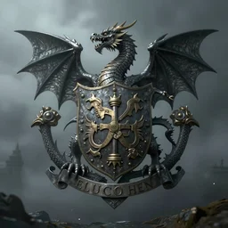 heraldic coat of arms with a dragon, gloomy and foggy atmosphere, octane render, rembrandt, cgsociety, artstation trending, horror scene, highly detailded