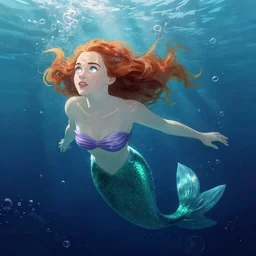 sophie turner as the little mermaid underwater by Gil Elvgren Stanley Artgerm Lau, WLOP, James Jean, Andrei Riabovitchev, Marc Simonetti, Yoshitaka Amano, ArtStation, CGSociety, hair floating, bubbles vfx, cinematic lighting, god ray, starlit shining eyes, art nouveau