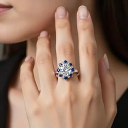 wife wearing a ring with stunning 7 6 0 carat diamond adorned with blue sapphires