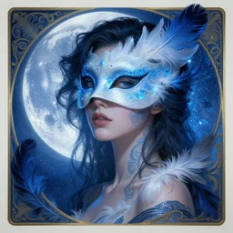 beautiful beekeeper girl extremely blue glittering moon, swan mask, glowing, passionate, feather, surreal, detailed, face, intricate, elegant, lithe, highly detailed, digital painting, artstation, concept art, smooth, sharp focus, illustration, bordered, art by artgerm and artem demura and alphonse mucha