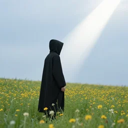 a hooded figure in a black robe standing in a flower meadow while bright light beam is emmited from the sky onto him, flower meadow landsape in dark pits of a canyon, illustration by Gustave Dore, highly detailed 18th century black and white pencil drawing