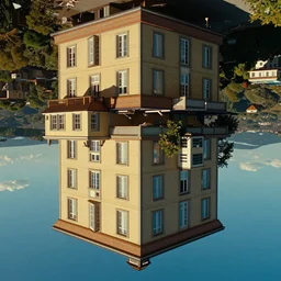 a very high resolution image from a new movie, upside - down building, mirror, beautiful scenery, photorealistic, photography, directed by wes anderson