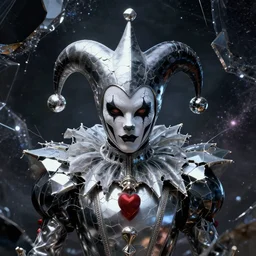 impressive ominous sony fe 8 5 mm front shot photo of a court jester character fine portrait fine portrait mesmerizing fractal hyper cubes platinum cracked dark future hyper dimensional space galactic crystal nebula edges elegant detailed intricate concept artstation sharp focus ray tracing cinematic masterpiece temporal corruption beeple wlop germ 8 4 k scifi glossy hyper realistic illustration