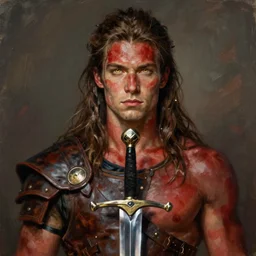 thomas serpentwind, solo male weary soldier, young adult, very long brown hair, golden eyes, tanned red skin, muscular, leather armor, shortsword, clear symmetrical eyes, a male dnd fighter's portrait, clear eyed, realistic, by brian patterson and rhads!!!, palette knife background