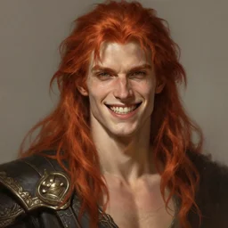 portrait of you as a young ruggedly handsome but joyful being, male, masculine, upper body, red hair, long hair, d & d, fantasy, fierce, sharp features, intricate, elegant, highly detailed, digital painting, artstation, concept art, matte, sharp focus, illustration, art by artgerm and greg rutkowski and alphonse mucha