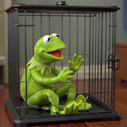 an emaciated nic cage playing kermit the frog on sesame street, hd digital photography