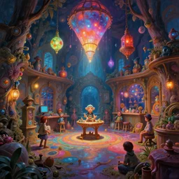 the paintings of the magic classroom, the multicolored lights, the whimsy, the dreamy, the rich details, the volumetric lights, the intricate details, the ray tracing, the extremely high complexity, the 1 2 8 k, the octane rendering, are popular on the artstation of lorenzo lanfranconi and tyler smith