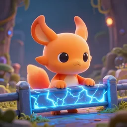 orange cute spirit axie pet behind electric barrier, electric barrier, fantasy, style artstation, style greg rutkowsk, octane render, unreal engine 6, epic game graphics, fantasy, conceptual art, ray tracing