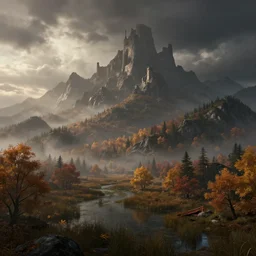 beautiful render of a autumn landscape, unreal engine, dark fantasy style, first light, majestic mountains, swamps, morning mist, dramatic clouds, big castle ruin, soft light, by greg rutkowski, cgsociety