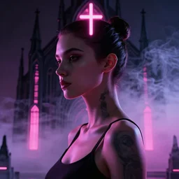 photo of slim girl, 20yo, close-up, high detail, studio,profile pose, bust shot, high detail, studio, blackCyberpunk church, high detail, smoke, sharp, neon lights, smoke, sharp, pink violet light, studio, 85mm sigmabackground, smoke, sharp, cyberpunk, 85mm Sigma Artneon cross art lens