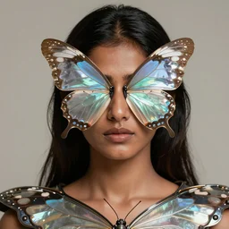 a brown south asian woman wearing a butterfly armor. eyes covered with butterfly wings. translucent. layers. reflective. intricate. super detailed. very coherent. face in focus. award winning. extremely photorealistic