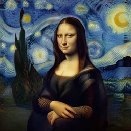 photograph of mona lisa by vincent van gogh, starry night, ambient, desaturated - n 9